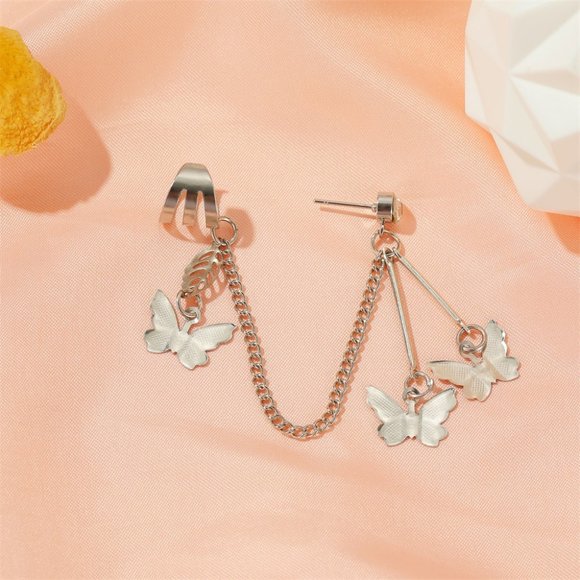 silver Butterfly crystal chain Cuff Earring for single ear - Picture 2 of 9